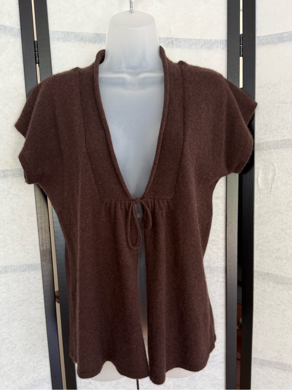 Cynthia Rowley 100% Cashmere Short Sleeve Tie Front Cardigan Brown L